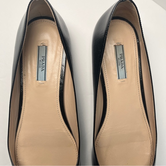 Prada Saffiano Leather Bow Logo Black Pointed Toe Flats - Picture 12 of 14